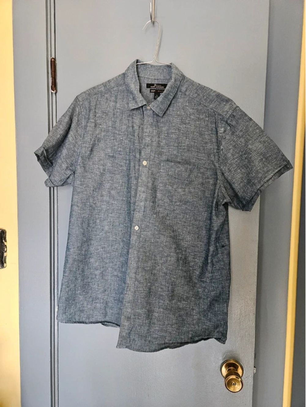 Marc Anthony Luxury Linen Blend Shirt Mens Large Blue Chambray Short Sleeve